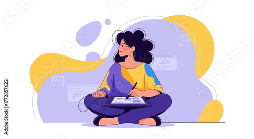 Woman Designing on Tablet, Creative Process of Digital Art and Illustration
