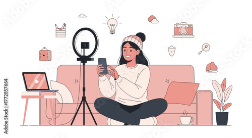Woman Enjoying Content Creation Using Her Phone, Ring Light, and Modern Technology