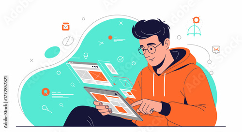 Young Man Online Investigating Digital Content and Websites with Tablet and Applications