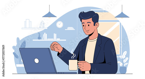 Young Professional Working At Home With Computer And Drinking Coffee in his Apartment