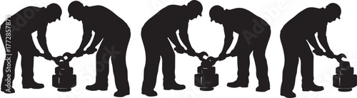 Worker with Wrench Tightening Bolt Silhouettes