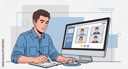 Man Participating In Video Conference Call While Taking Notes At His Workplace