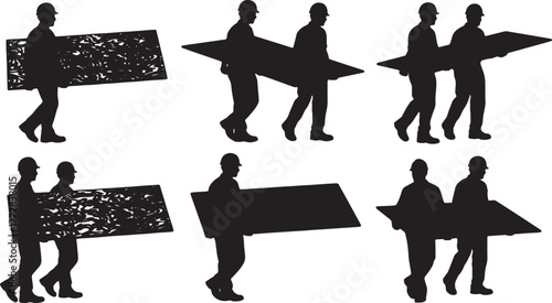 Two Workers Carrying Plywood Silhouette Set