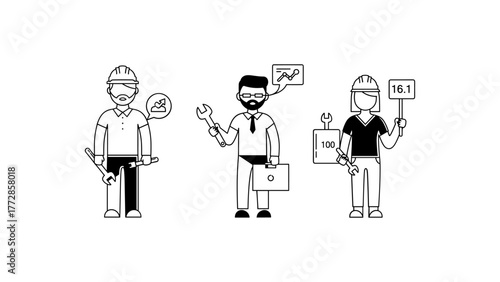 Team of engineers with tools and graphs