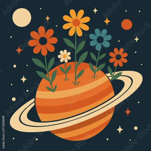Whimsical planet with flowers and rings surrounded by stars and planets in a cosmic setting
