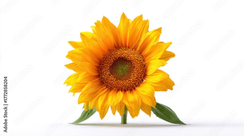 Fototapeta premium A radiant sunflower stands alone its bright yellow petals stretching wide against a clean white backdrop.