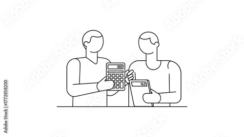 Two people using calculator for accounting