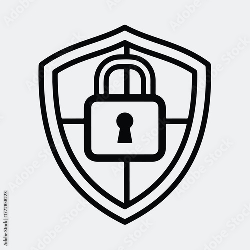 Silhouette security shield with padlock symbol protection line art Vector illustration