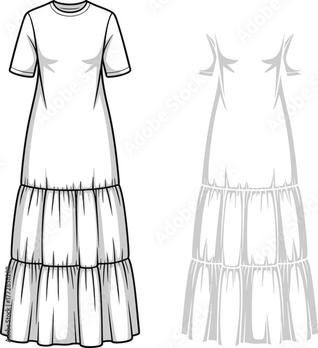 Tiered maxi dress fashion illustration, front and back view garment template, apparel design sketch, clothing technical drawing, vector fashion flat, sewing reference