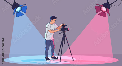 Photographer Working With Professional Camera Under Cinematic Stage Lighting For Videography