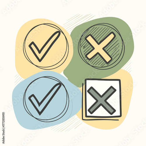Four Icons with Checkmarks and Crosses on Abstract Background Keywords: checkmark, cross, x