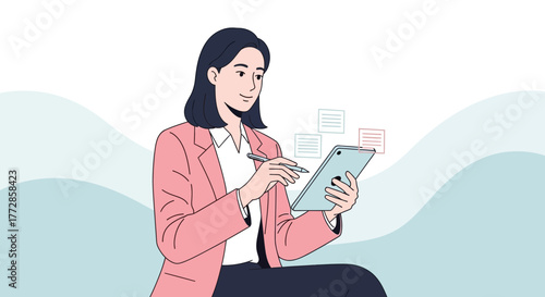 Professional Businesswoman Working On A Tablet With Digital Documents Illustration