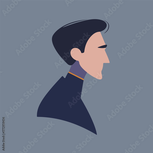 Minimalistic male profile in flat style. Clean lines, gray-blue palette, sophisticated look. Ideal for avatars, logos, graphic design