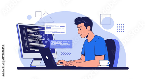 Programmer Coding Software, Writing Code And Working On New Program Development Process