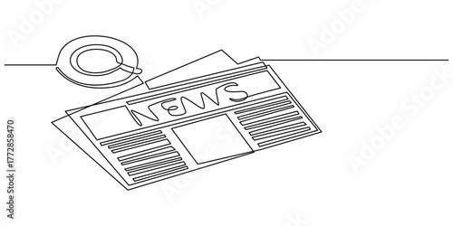 Continuous one line drawing of a stack of news newspapers with cup of coffee. Vector illustration. Editable stroke