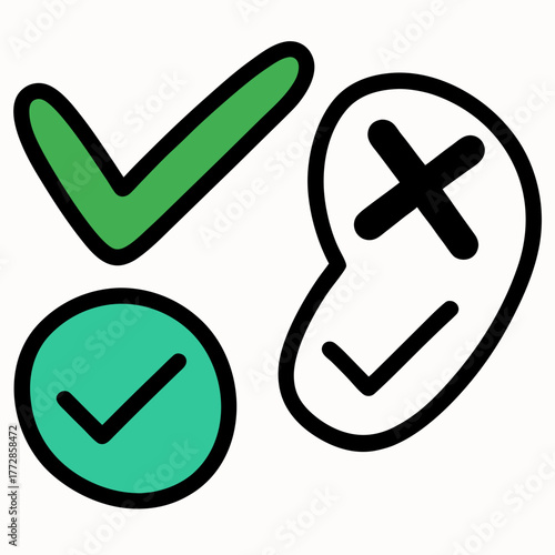 Green Check Marks and X Mark Icons on White Background Keywords: check mark, x mark, cross, tick