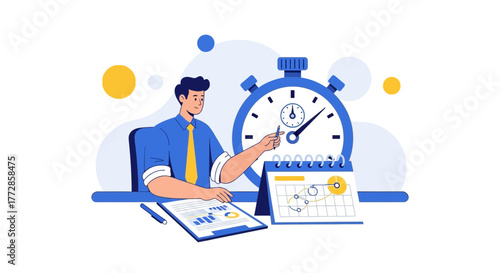 Strategic Time Management Concept Depicted With Businessman, Calendar, And Stopwatch
