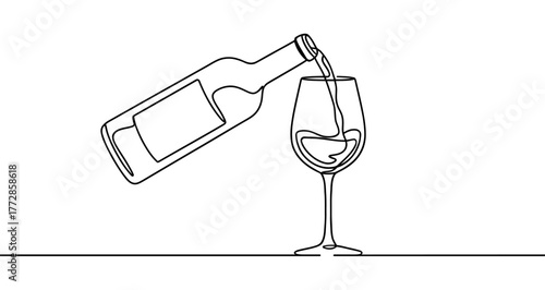 Wine icon. Black bottle pouring wine into a glass, written in one continuous line. Vector illustration of drink and celebration
