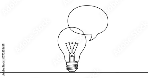 Light bulb icon. Black light bulb with a speech bubble, written in one continuous line. Vector illustration of idea and communication