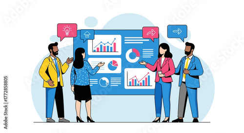 Team Of Professionals Analyzing Digital Data Projections During A Business Meeting