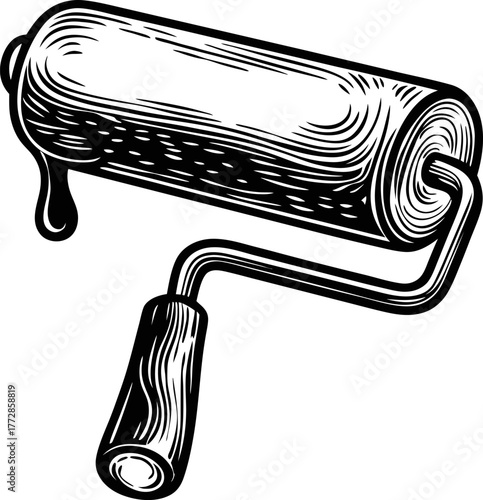 Detailed hand drawn paint roller illustration, black and white sketch, dripping tool for painting, renovation or home improvement