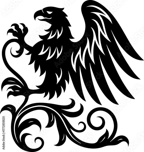 Wallpaper Mural Griffin heraldic symbol in black silhouette, mythical creature with wings and claws, ornate decorative flourish design Torontodigital.ca