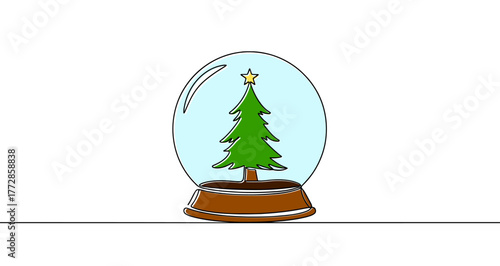 Snow globe icon. Colored Christmas snow globe with a Christmas tree, written in one continuous line. Vector illustration of holiday