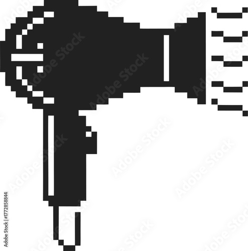 Retro pixel art hair dryer icon vintage electronic appliance, black and white 8 bit style, bathroom tool illustration