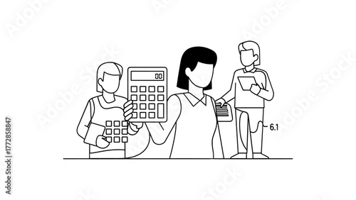 People working with calculator and document