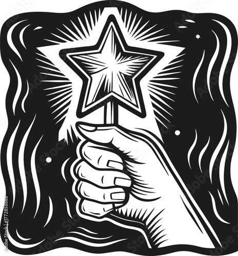 Hand holding glowing star wand magic symbol, retro tattoo illustration, monochrome line art, inspiration and creativity