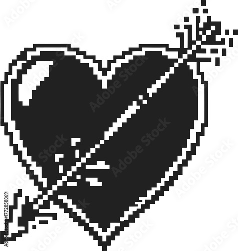 Black pixel heart with arrow retro 8 bit love symbol, romantic valentine concept, digital computer graphic art