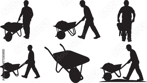 Multi-Angle Wheelbarrow Worker Silhouettes
