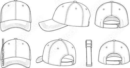 Baseball cap technical drawing, hat vector illustration, headwear design sketch, adjustable strap cap, brim detail view, fashion accessory outline, apparel icon