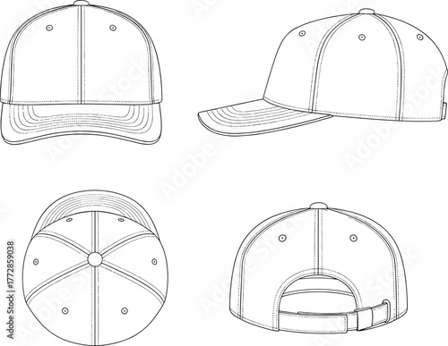 Baseball cap technical drawing, fashion headwear vector, adjustable strap hat, brim detail sketch, apparel design outline, clothing accessory illustration, cap construction view