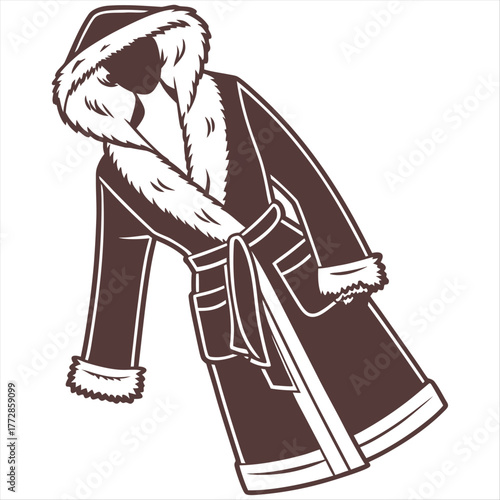 A simple vector illustration of a cozy bathrobe with a fluffy fur trim and a belt, representing comfort and relaxation silhouette vector on a white background