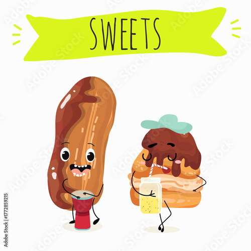 Tasty ice creams, ice-cream cones and popsicle, funny characters, hand drawn vector illustration.