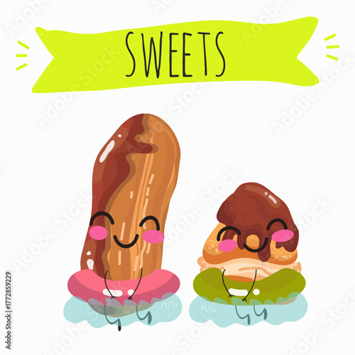 Tasty ice creams, ice-cream cones and popsicle, funny characters, hand drawn vector illustration.