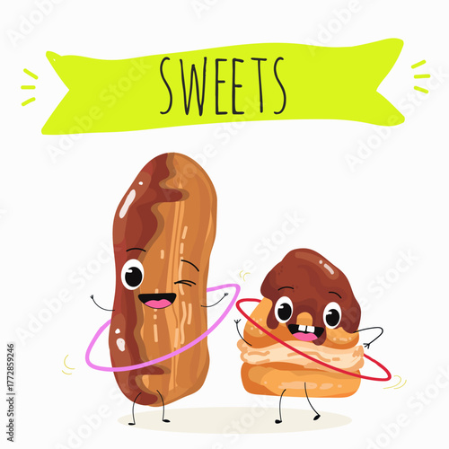 Tasty ice creams, ice-cream cones and popsicle, funny characters, hand drawn vector illustration.