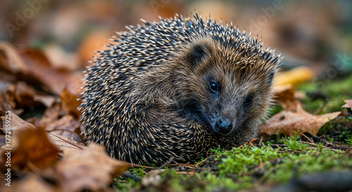 Hedgehog resting among fallen leaves in a natural setting during autumn season