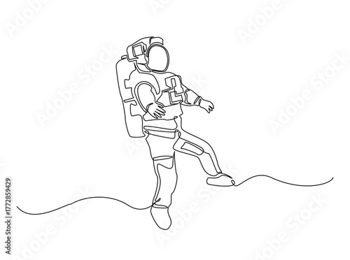Astronaut single outline draw illustration. Continuous line art drawing of astronaut walking in outspace. Editable stroke.