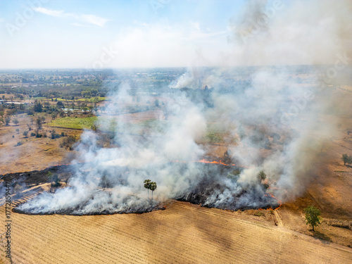 Aerial view from drone showing open burning in farmland