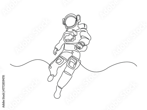 Astronaut single outline draw illustration. Continuous line art drawing of astronaut walking in outspace. Editable stroke.