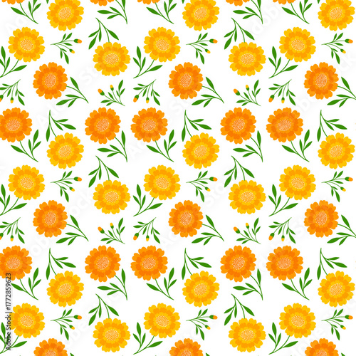 Seamless Marigold Floral Pattern in Yellow and Orange on White Background