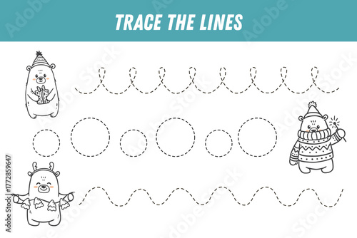 Tracing lines for kids. Cute cartoon bears. Handwriting practice. Educational christmas game for preschool kids. Activity page. Vector illustration.
