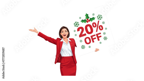 Festive Discount: A cheerful figure with welcoming gestures celebrates a holiday promotion with the 20% OFF deal.