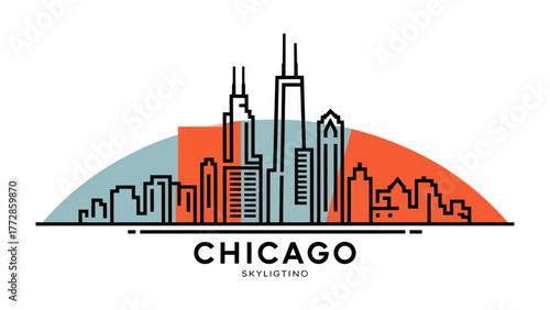 Chicago Skyline: A stylized illustration presents the Chicago skyline with minimalist lines and vibrant colors, celebrating the city's architectural grandeur and urban landscape.