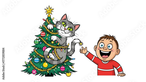 Christmas Cat's Mischief: A joyful child and a mischievous cat share a playful Christmas moment, with the curious feline tangled in festive lights around a decorated Christmas tree. 