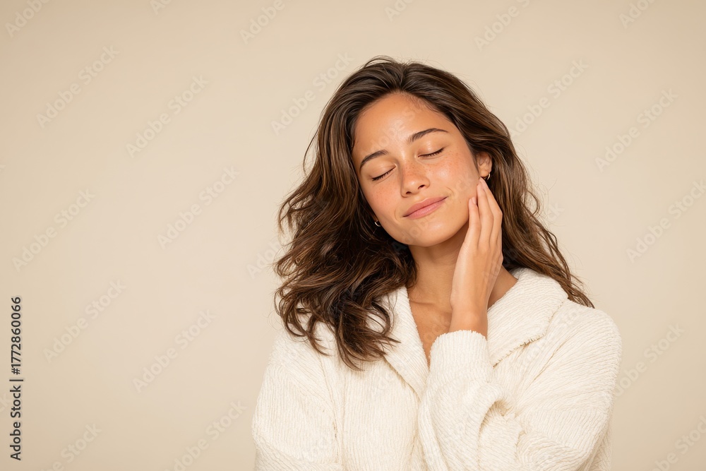Obraz premium Brunette girl in a white coat touching her face. Generative AI