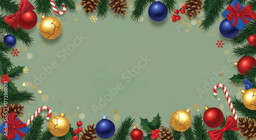 Christmas border frame with ornaments, pinecones, and ribbons on a green background.