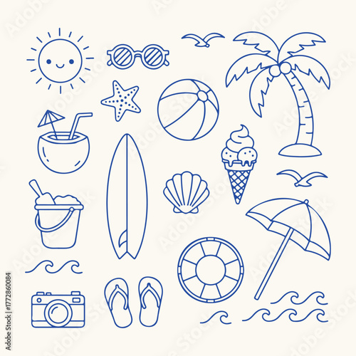 Summer line art : beach essentials, ocean elements, and sunny day. symbols smiling sun, sunglasses, a palm tree, and beach essentials.